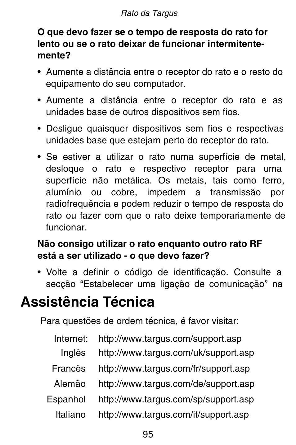 Assistência técnica | Targus Rechargeable 5-Button Wireless Mouse User Manual | Page 95 / 99