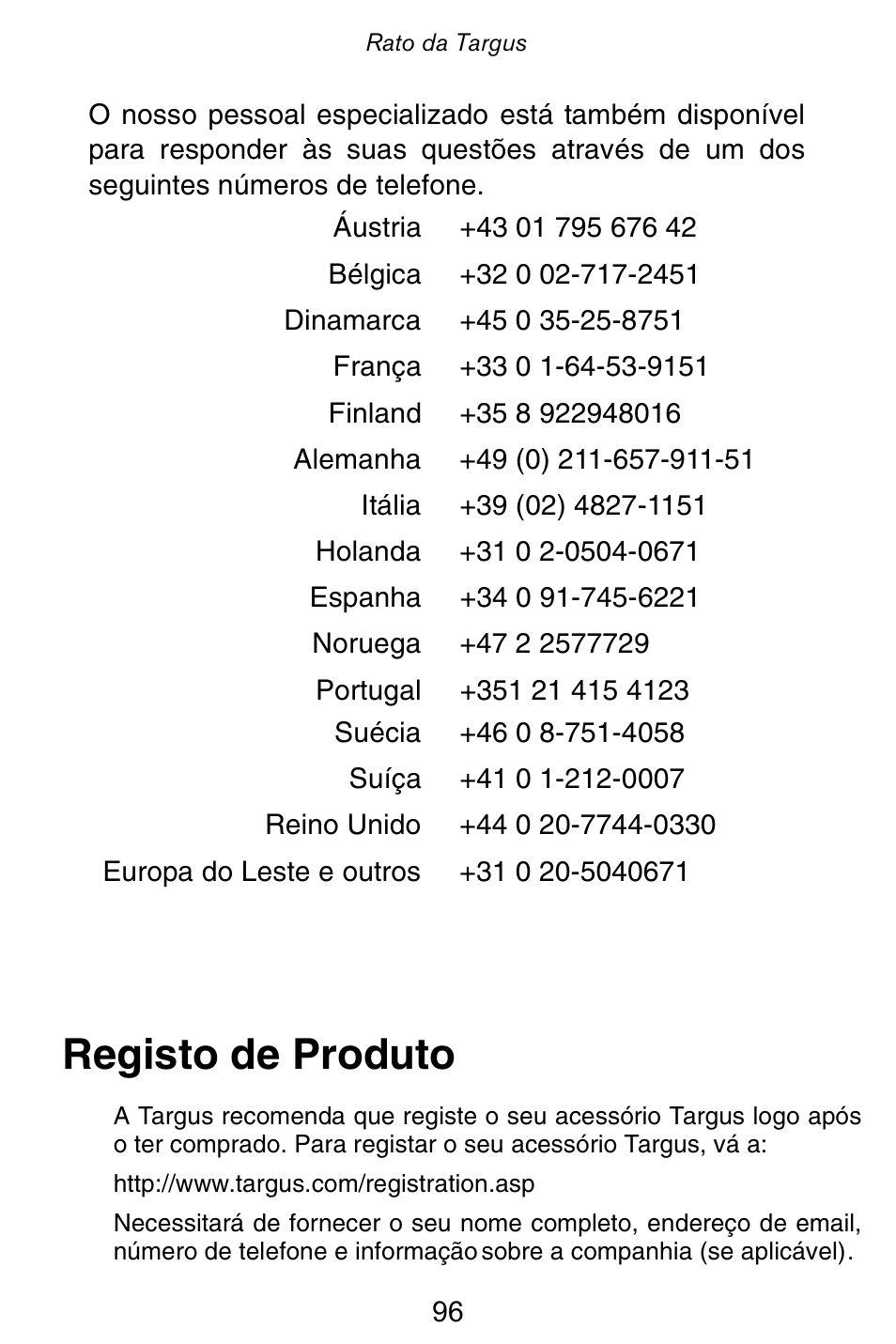 Registo de produto | Targus Rechargeable 5-Button Wireless Mouse User Manual | Page 96 / 99