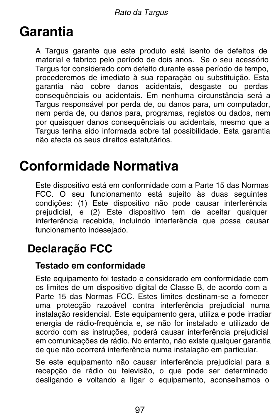 Garantia, Conformidade normativa, Declaração fcc | Targus Rechargeable 5-Button Wireless Mouse User Manual | Page 97 / 99