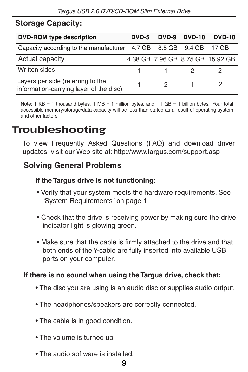 Troubleshooting, Solving general problems, Storage capacity: 9 | Targus PA410 User Manual | Page 10 / 12
