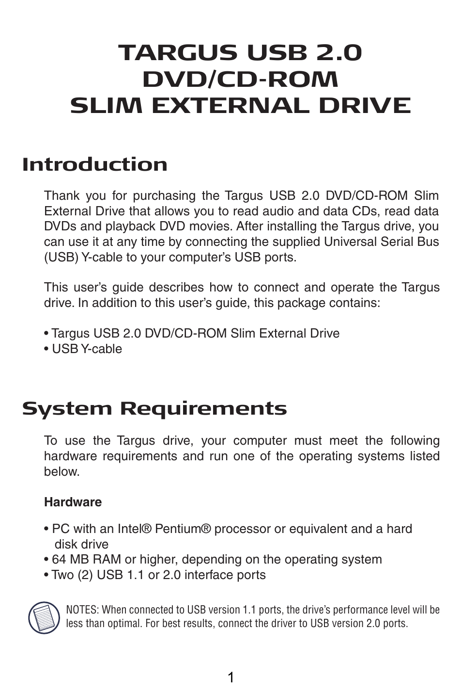 Targus usb 2.0 dvd/cd-rom slim external drive, Introduction, System requirements | Targus PA410 User Manual | Page 2 / 12
