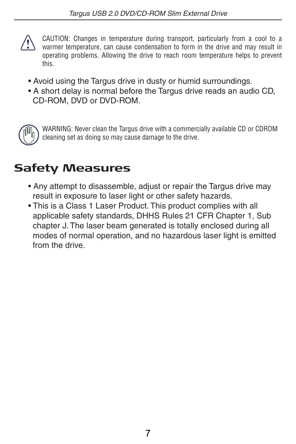 Safety measures | Targus PA410 User Manual | Page 8 / 12