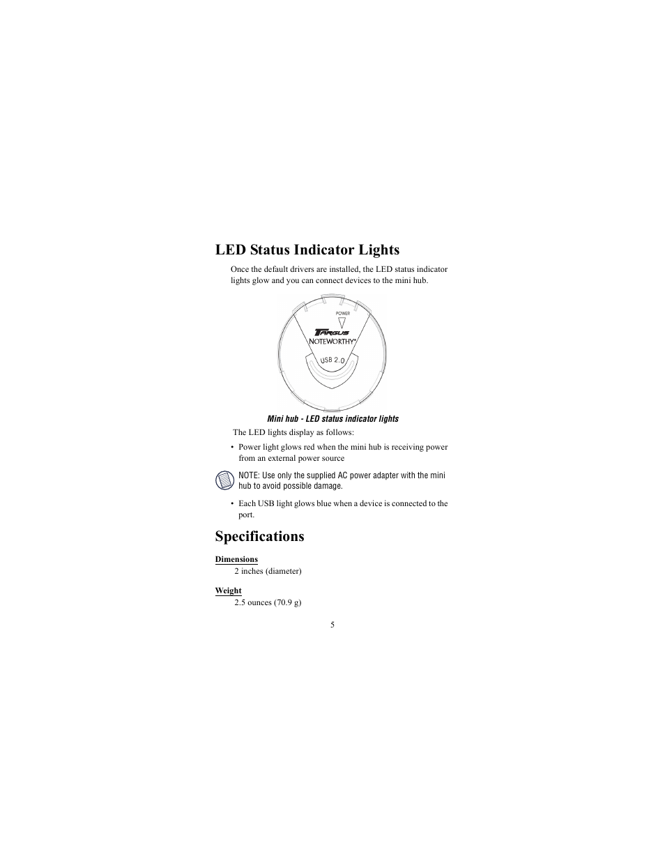 Led status indicator lights, Specifications | Targus USB-2.0 Mobile User Manual | Page 5 / 11