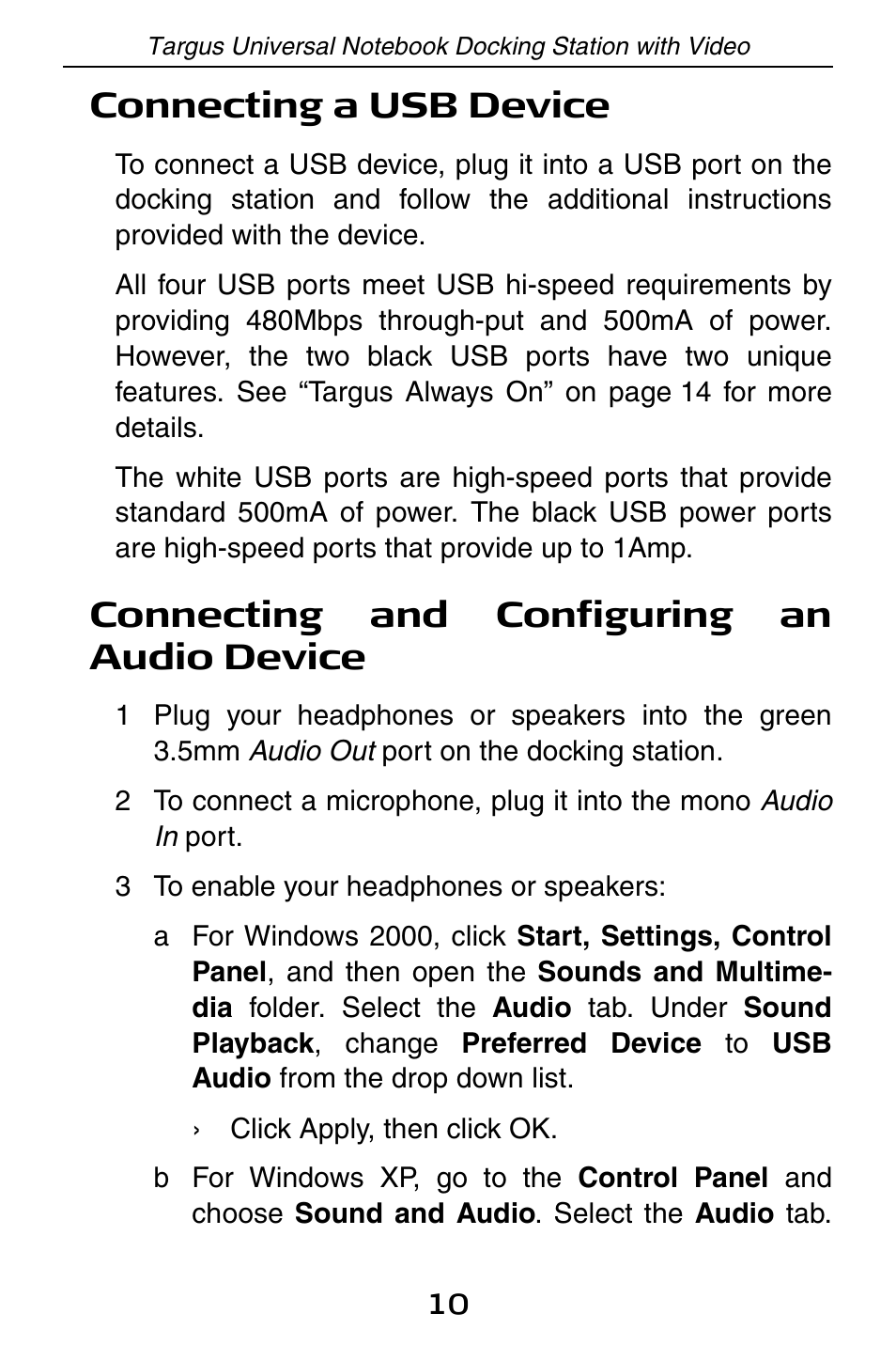 Connecting a usb device, Connecting and configuring an audio device | Targus Universal Notebook Docking Station with Video ACP50 User Manual | Page 10 / 20