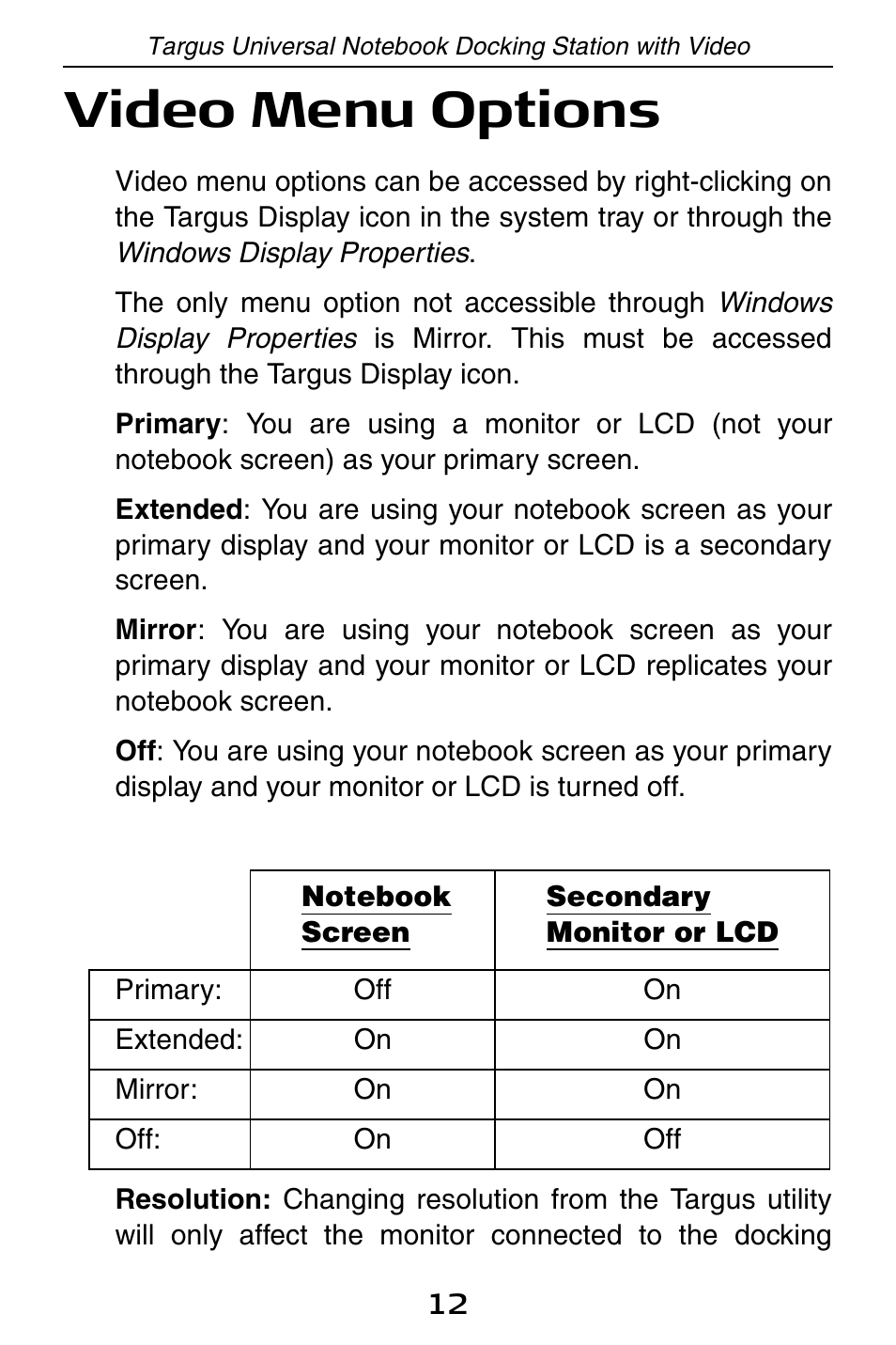 Video menu options | Targus Universal Notebook Docking Station with Video ACP50 User Manual | Page 12 / 20