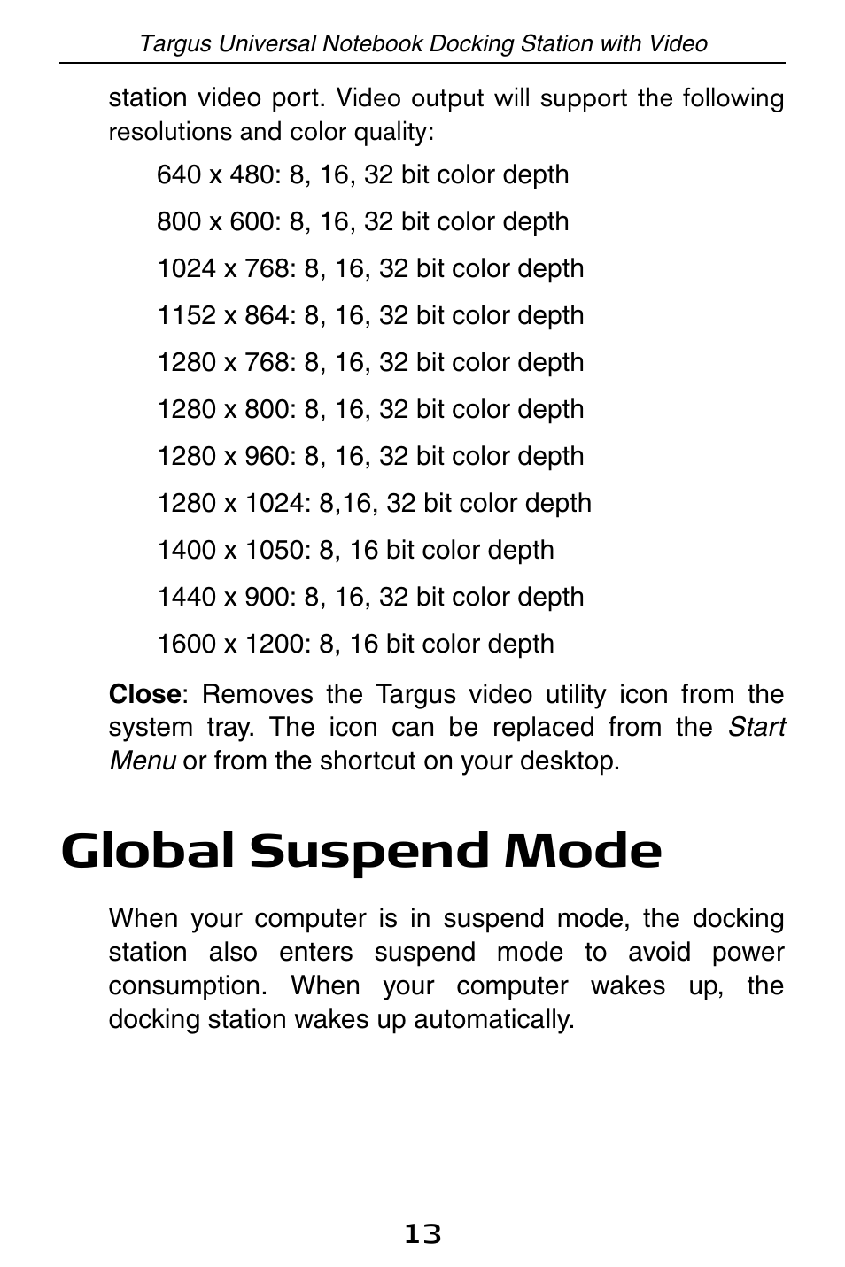 Global suspend mode | Targus Universal Notebook Docking Station with Video ACP50 User Manual | Page 13 / 20