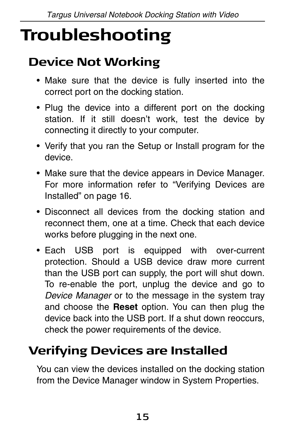 Troubleshooting, Device not working, Verifying devices are installed | Targus Universal Notebook Docking Station with Video ACP50 User Manual | Page 15 / 20