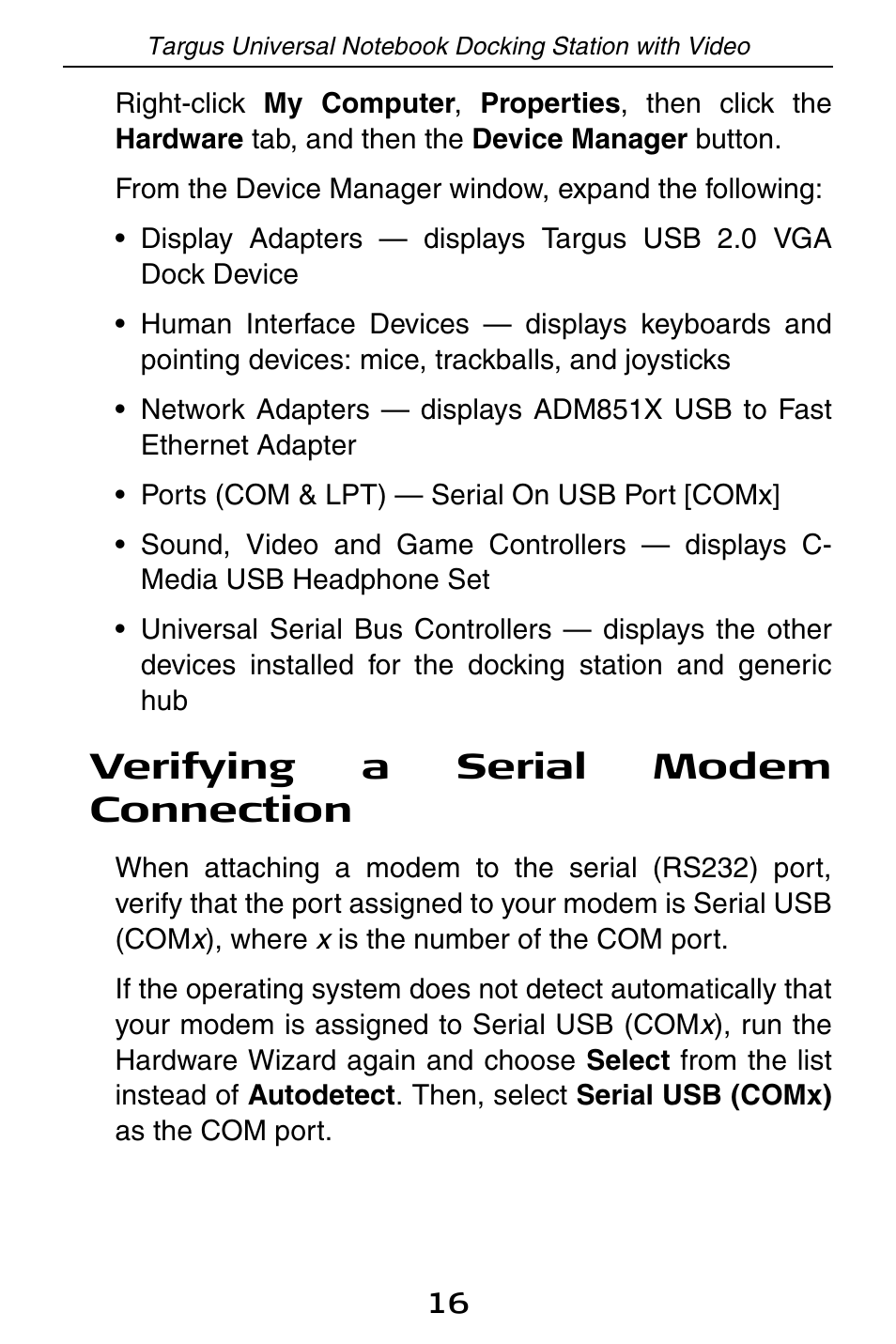 Verifying a serial modem connection | Targus Universal Notebook Docking Station with Video ACP50 User Manual | Page 16 / 20