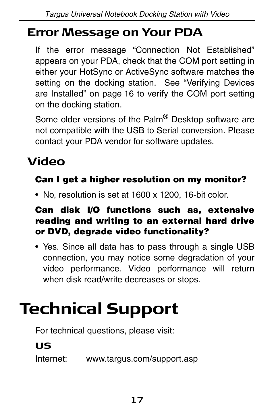Technical support, Error message on your pda, Video | Targus Universal Notebook Docking Station with Video ACP50 User Manual | Page 17 / 20