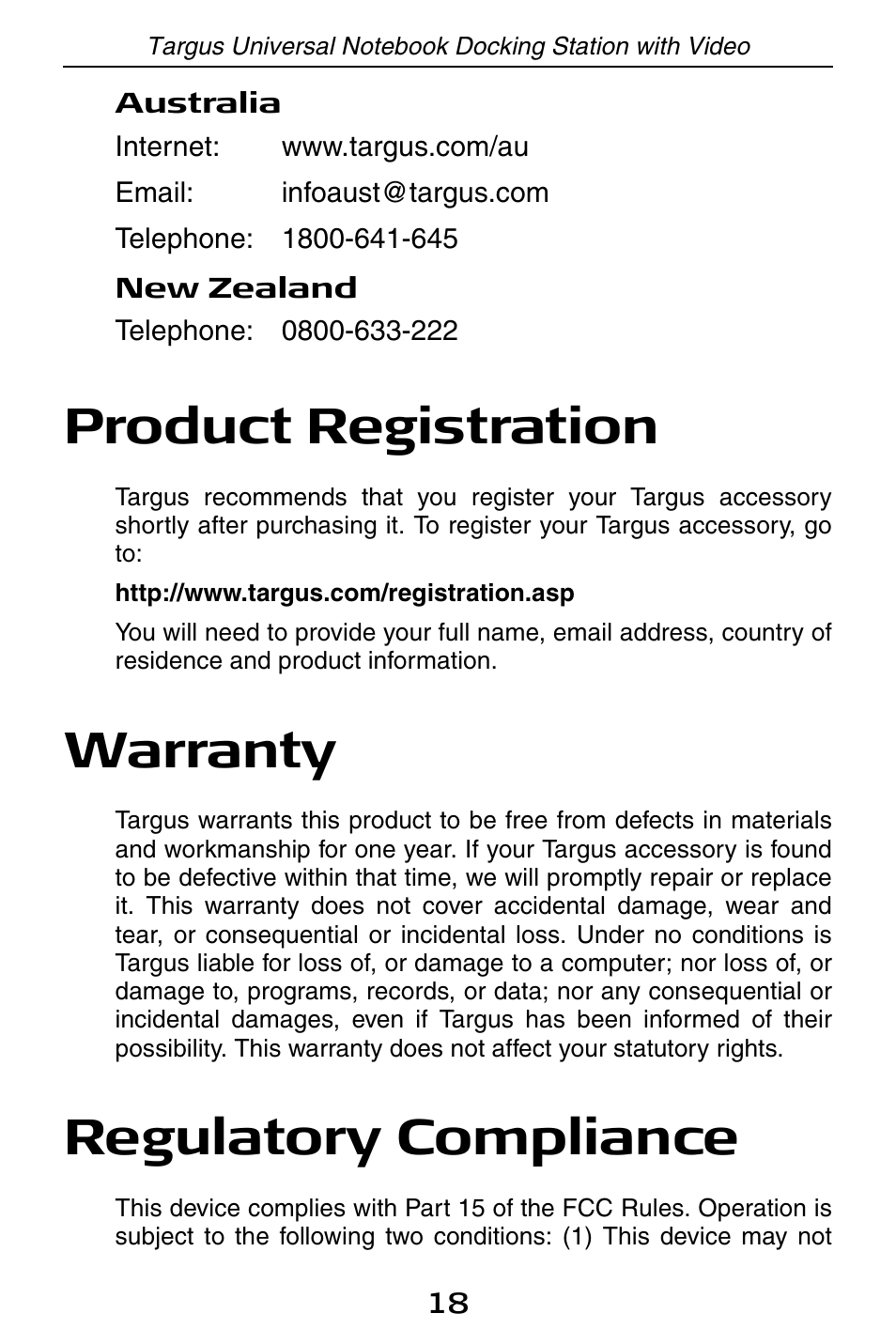 Product registration, Warranty, Regulatory compliance | Targus Universal Notebook Docking Station with Video ACP50 User Manual | Page 18 / 20