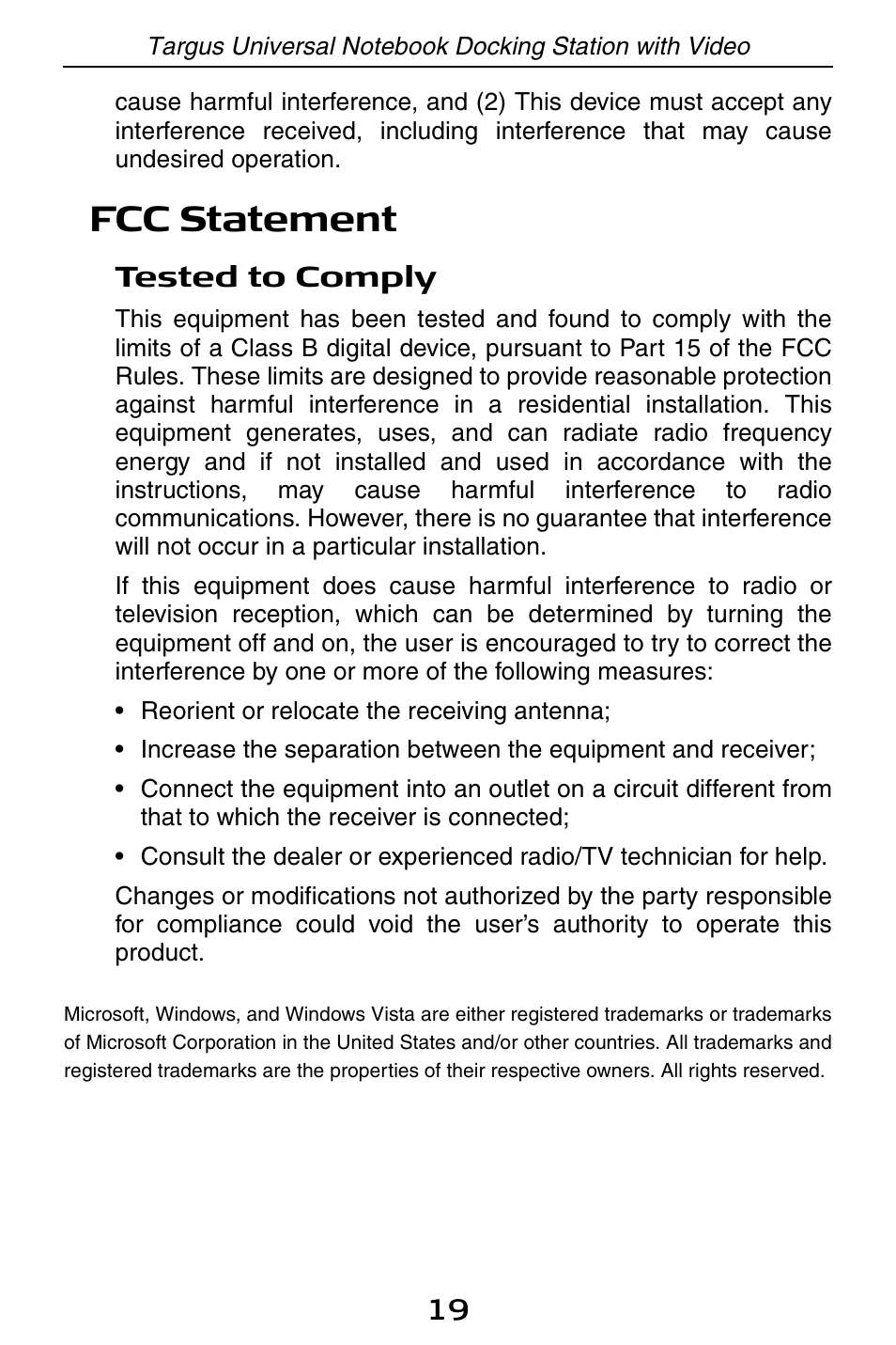 Fcc statement | Targus Universal Notebook Docking Station with Video ACP50 User Manual | Page 19 / 20