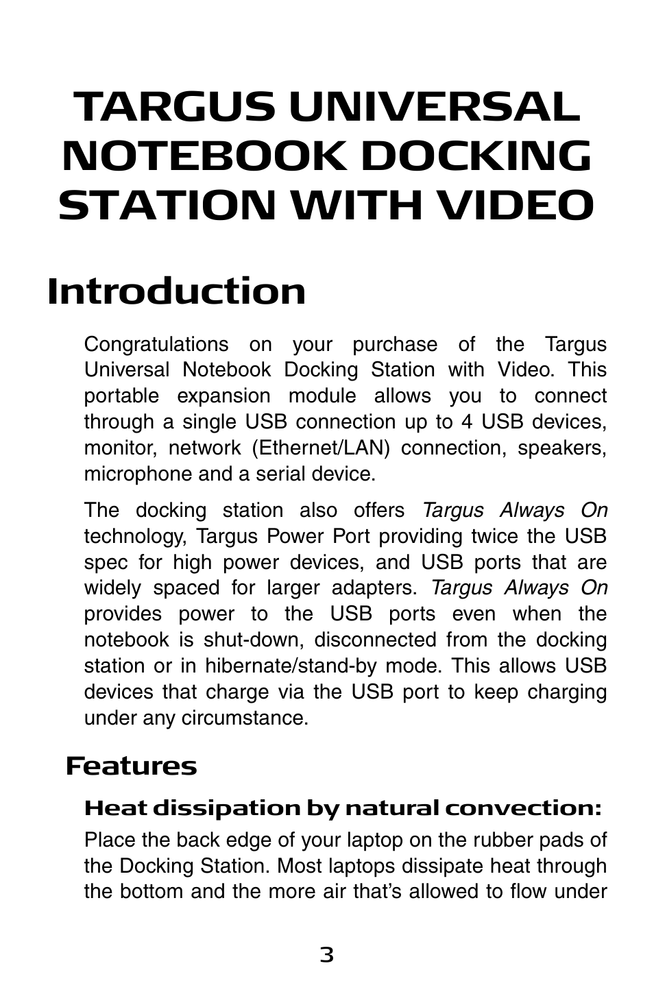Introduction | Targus Universal Notebook Docking Station with Video ACP50 User Manual | Page 3 / 20