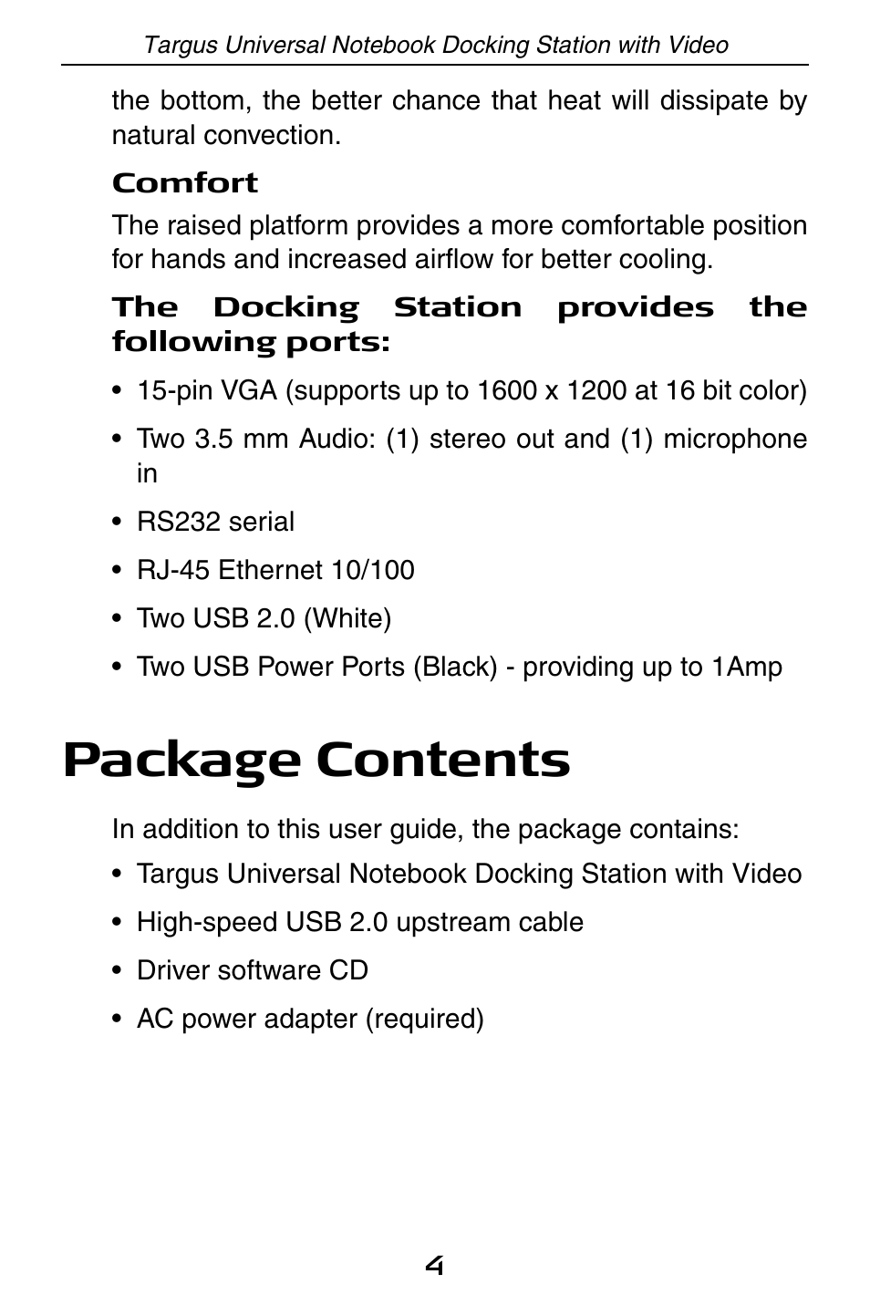 Package contents | Targus Universal Notebook Docking Station with Video ACP50 User Manual | Page 4 / 20