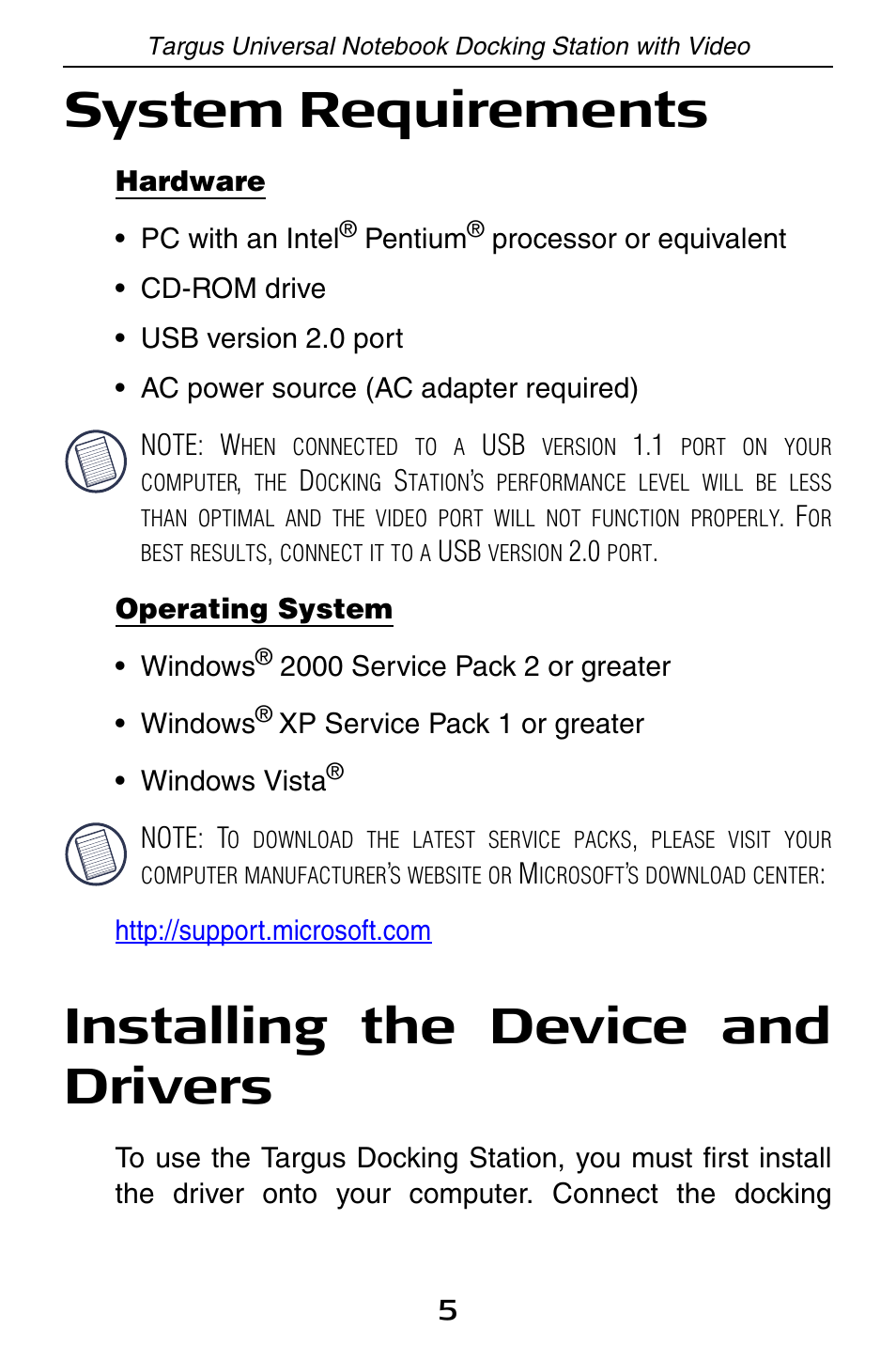 System requirements, Installing the device and drivers | Targus Universal Notebook Docking Station with Video ACP50 User Manual | Page 5 / 20