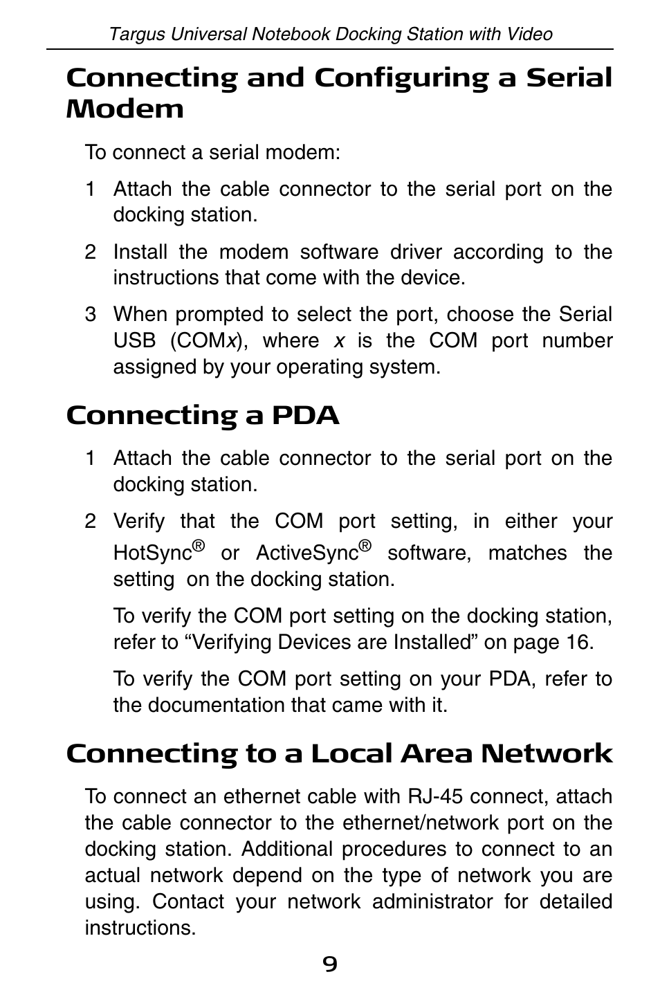 Connecting and configuring a serial modem, Connecting a pda, Connecting to a local area network | Targus Universal Notebook Docking Station with Video ACP50 User Manual | Page 9 / 20