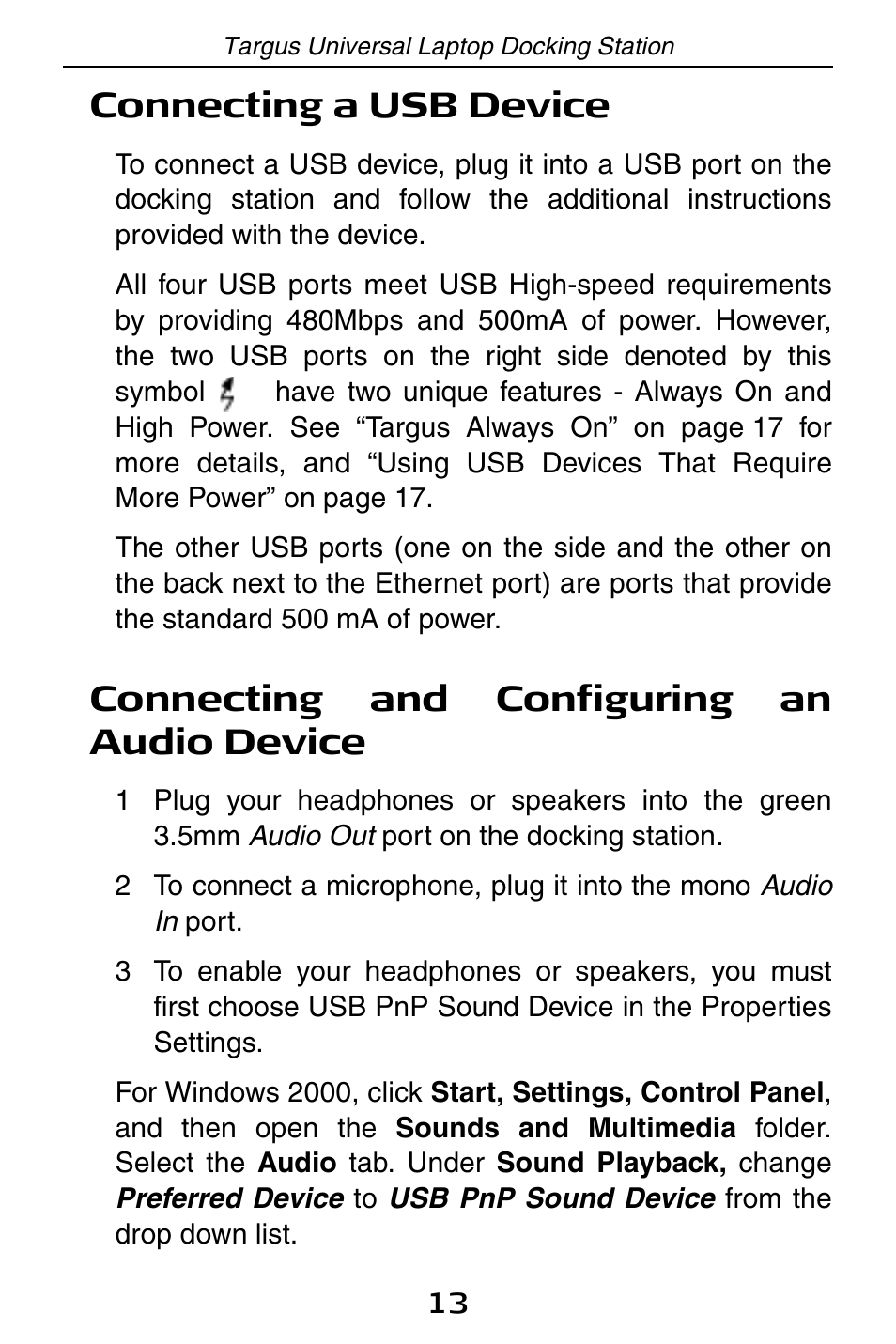 Connecting a usb device, Connecting and configuring an audio device | Targus ACP45 User Manual | Page 13 / 24