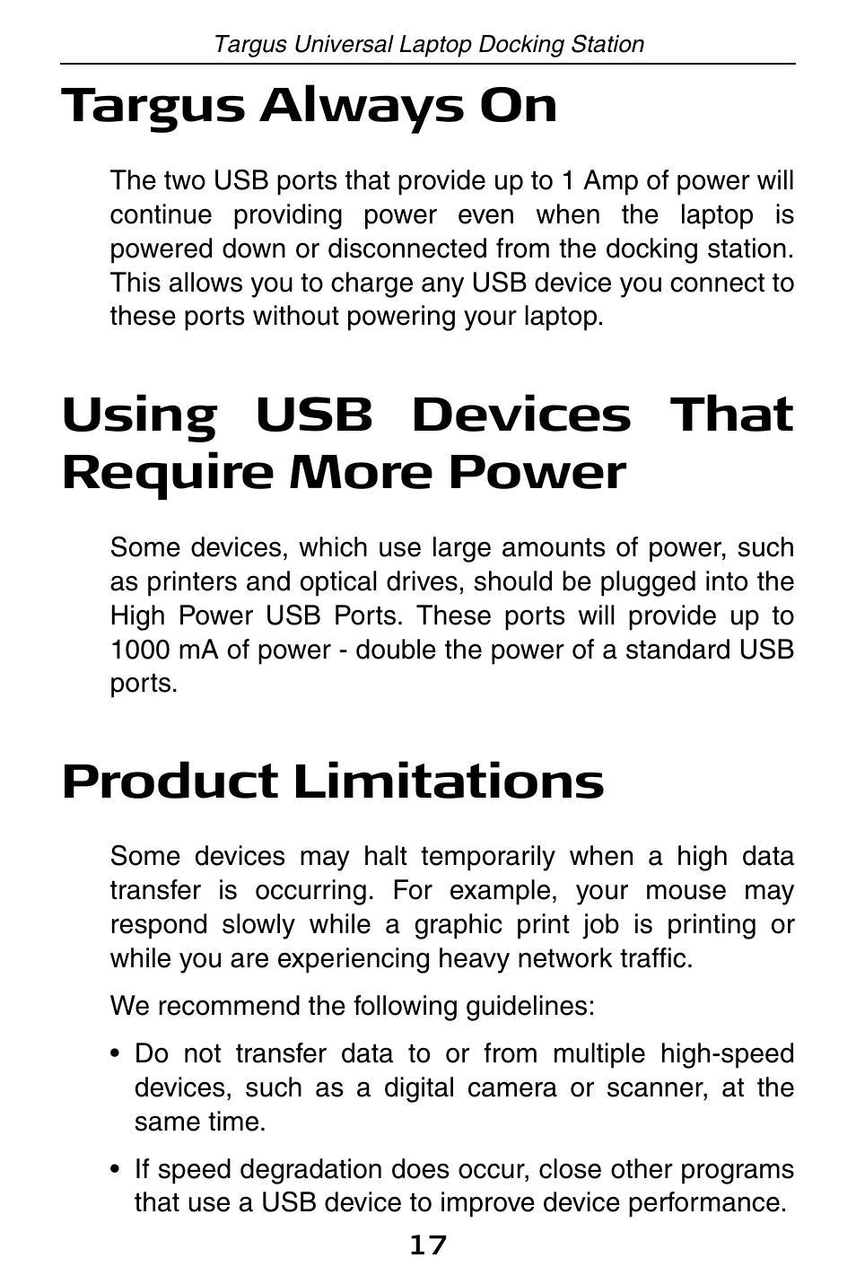 Targus always on, Using usb devices that require more power, Product limitations | Targus ACP45 User Manual | Page 17 / 24
