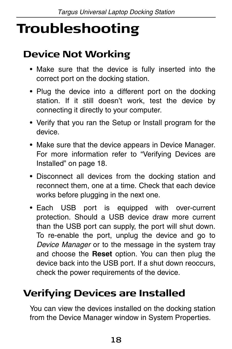 Troubleshooting, Device not working, Verifying devices are installed | Targus ACP45 User Manual | Page 18 / 24