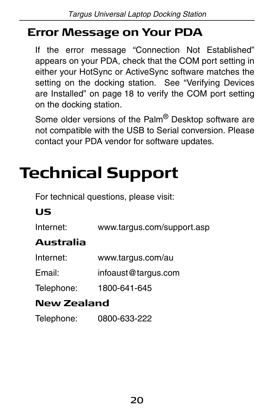 Technical support, Error message on your pda | Targus ACP45 User Manual | Page 20 / 24