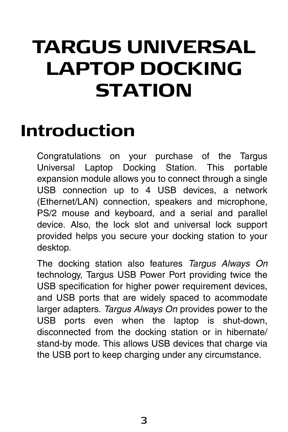 Targus universal laptop docking station, Introduction | Targus ACP45 User Manual | Page 3 / 24