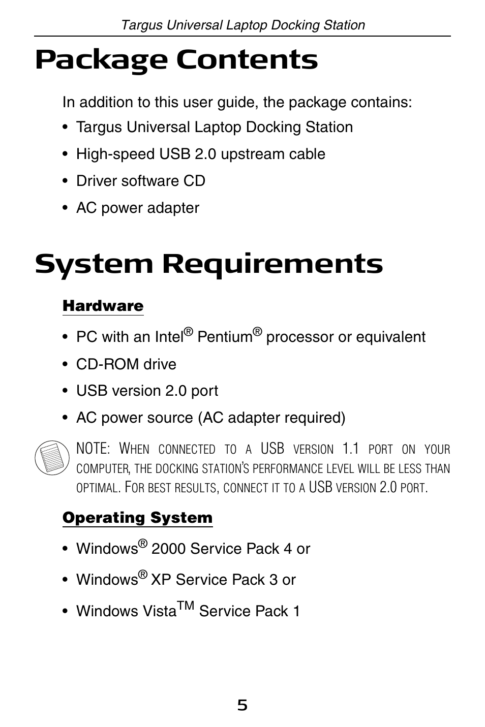 Package contents, System requirements | Targus ACP45 User Manual | Page 5 / 24