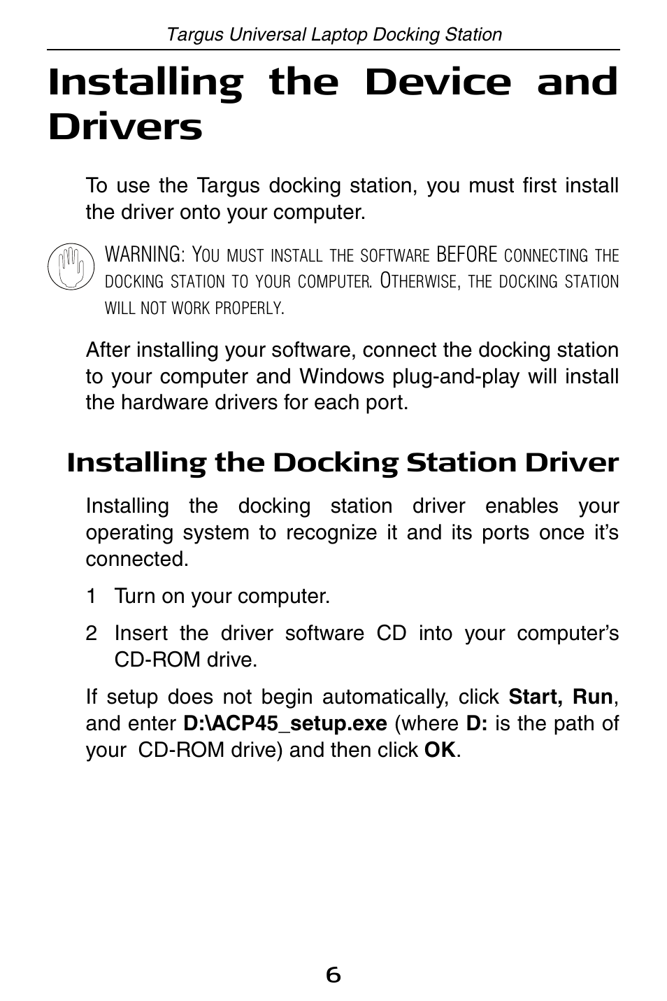 Installing the device and drivers, Installing the docking station driver | Targus ACP45 User Manual | Page 6 / 24