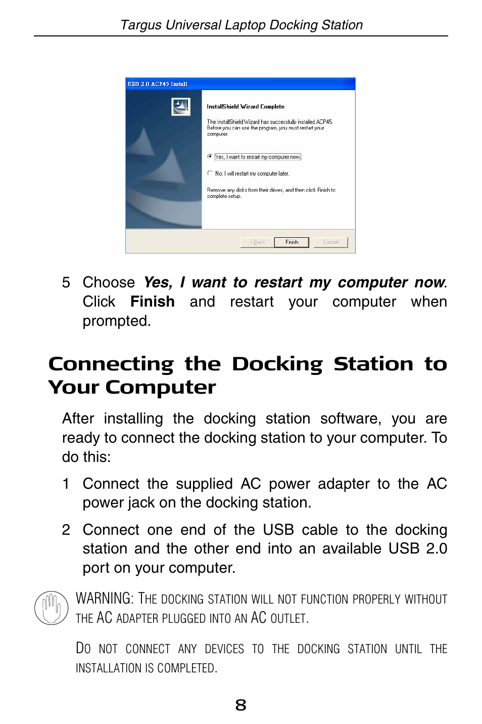Connecting the docking station to your computer | Targus ACP45 User Manual | Page 8 / 24