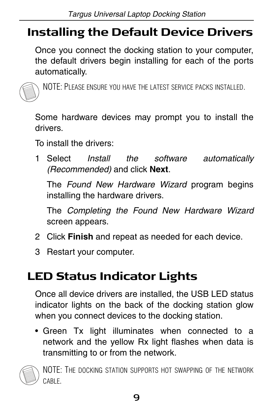 Installing the default device drivers, Led status indicator lights | Targus ACP45 User Manual | Page 9 / 24