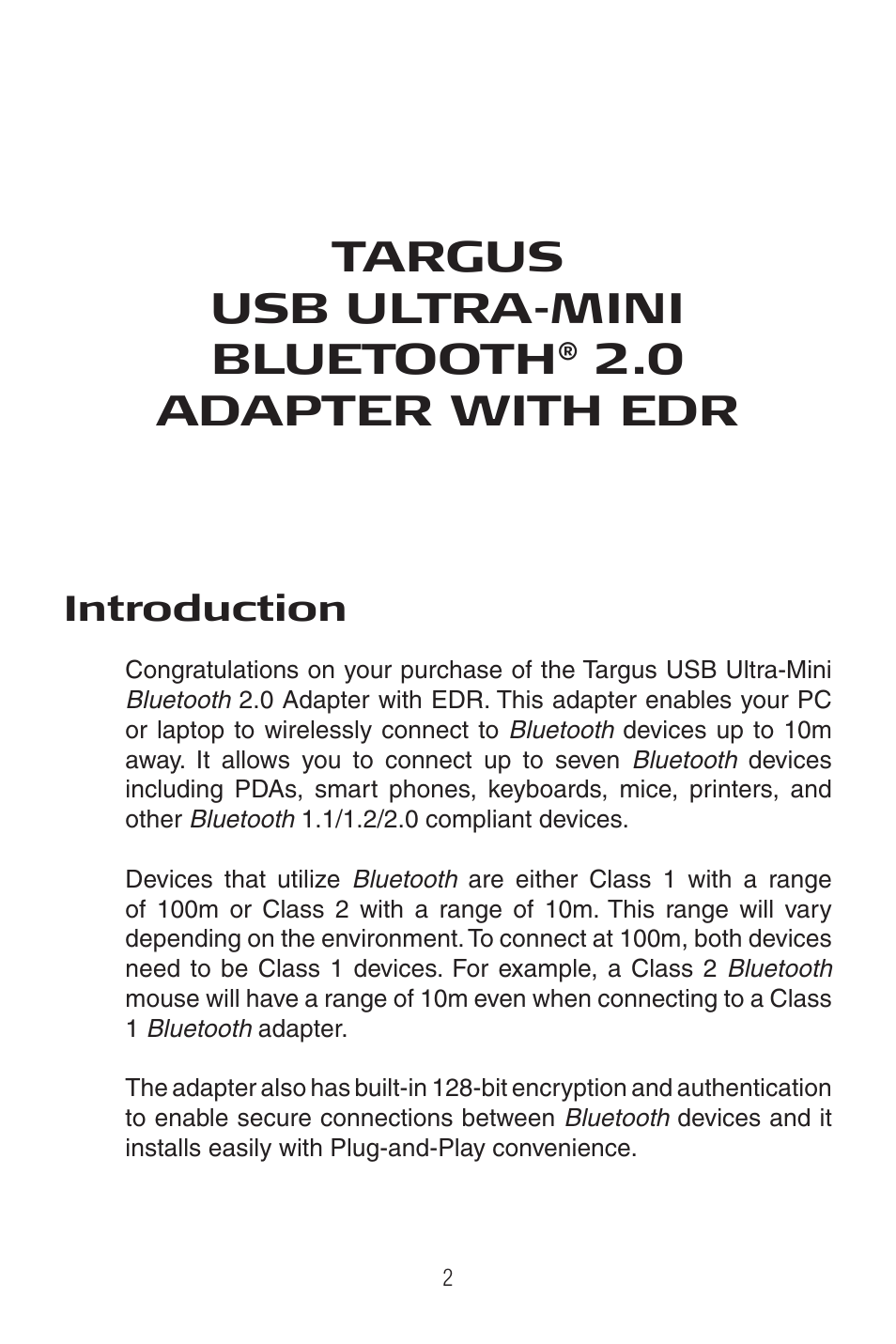 Targus usb ultra-mini bluetooth, 0 adapter with edr | Targus Ultra-Mini Mini Bluetooth 2.0 Adapter with DER User Manual | Page 2 / 9