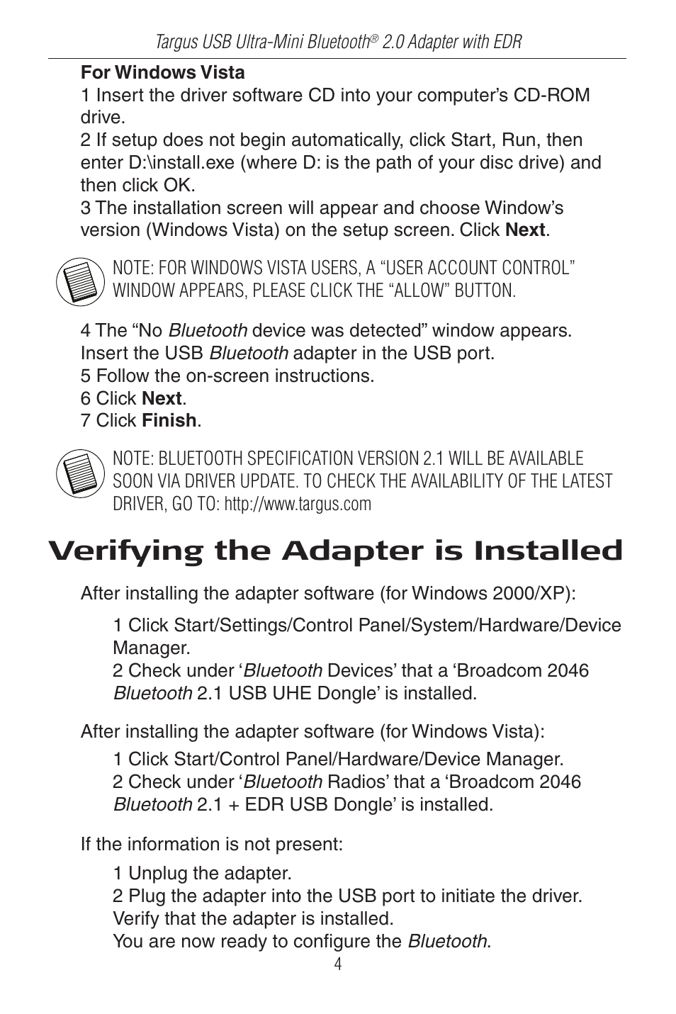 Verifying the adapter is installed | Targus Ultra-Mini Mini Bluetooth 2.0 Adapter with DER User Manual | Page 4 / 9