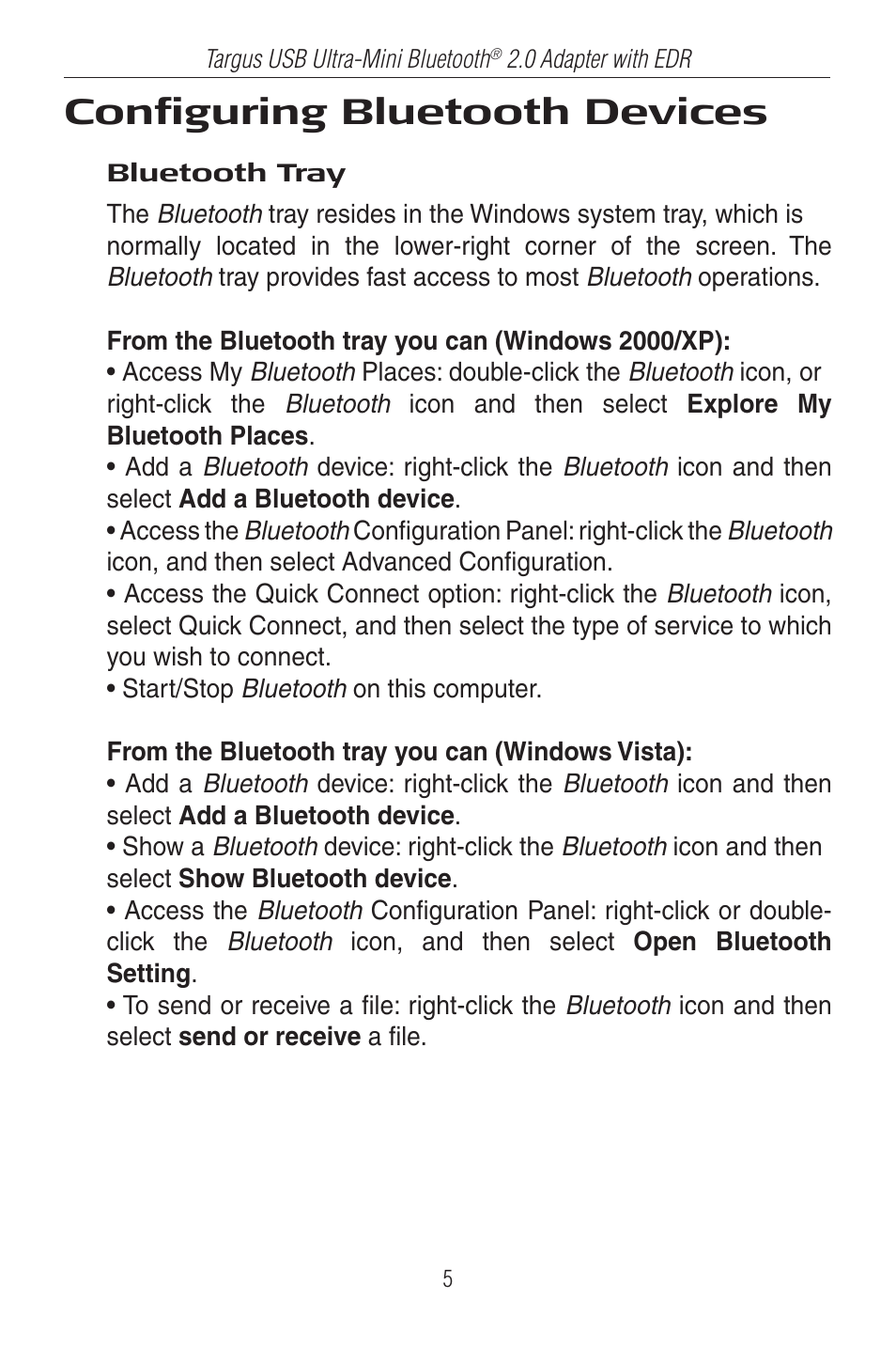 Configuring bluetooth devices | Targus Ultra-Mini Mini Bluetooth 2.0 Adapter with DER User Manual | Page 5 / 9