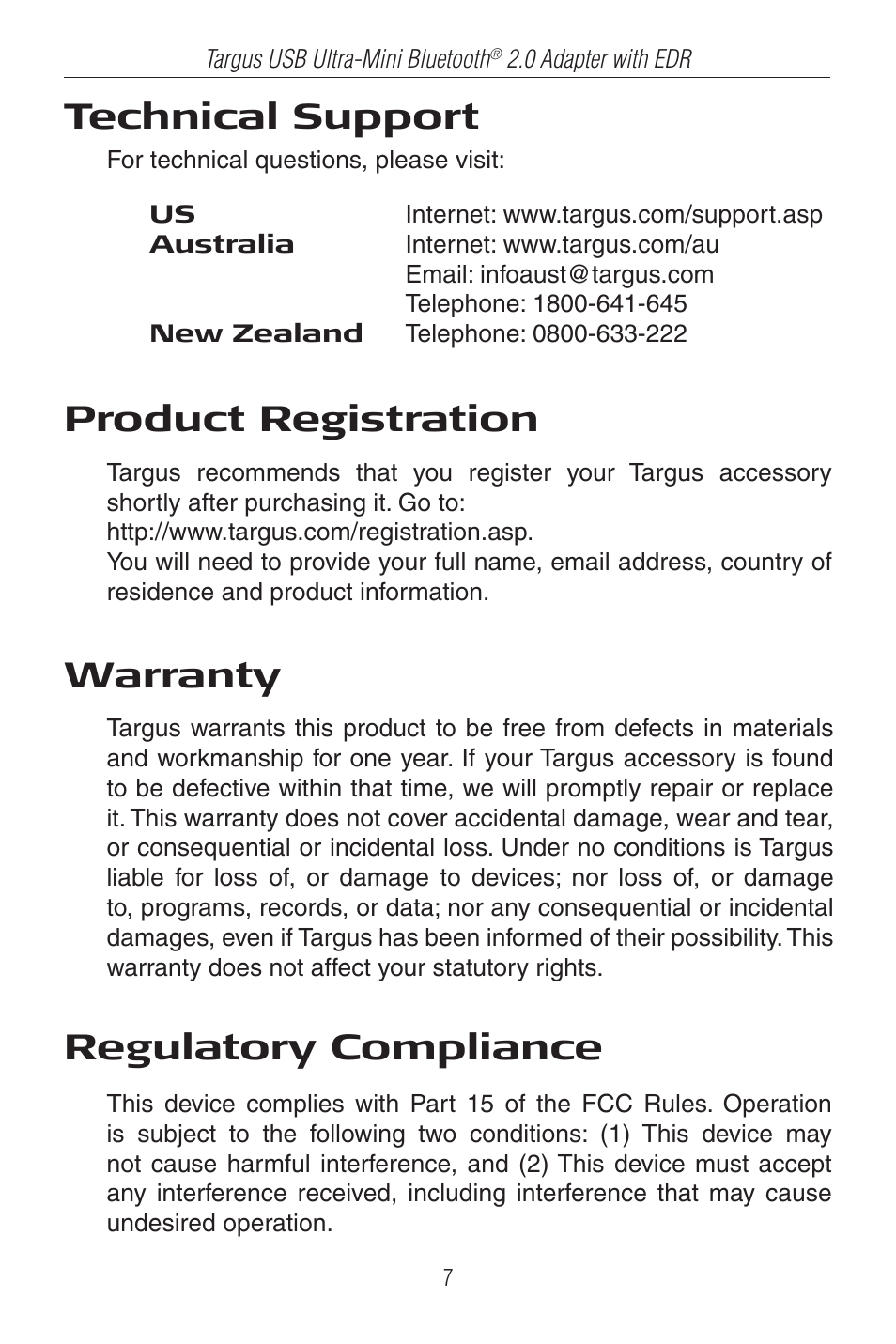 Technical support, Product registration, Warranty | Regulatory compliance | Targus Ultra-Mini Mini Bluetooth 2.0 Adapter with DER User Manual | Page 7 / 9