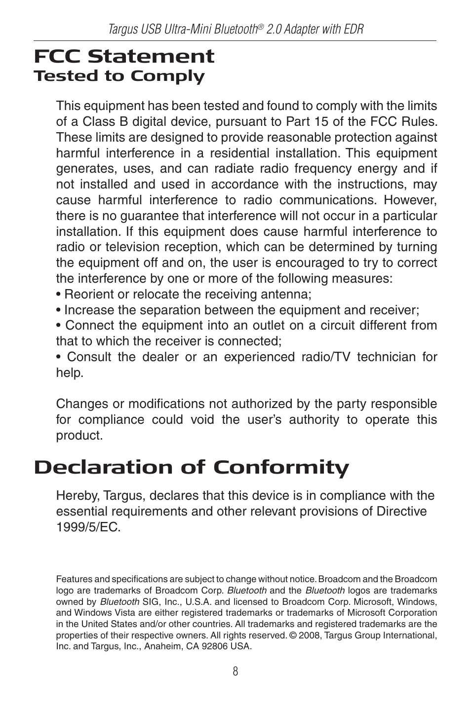 Fcc statement, Declaration of conformity | Targus Ultra-Mini Mini Bluetooth 2.0 Adapter with DER User Manual | Page 8 / 9