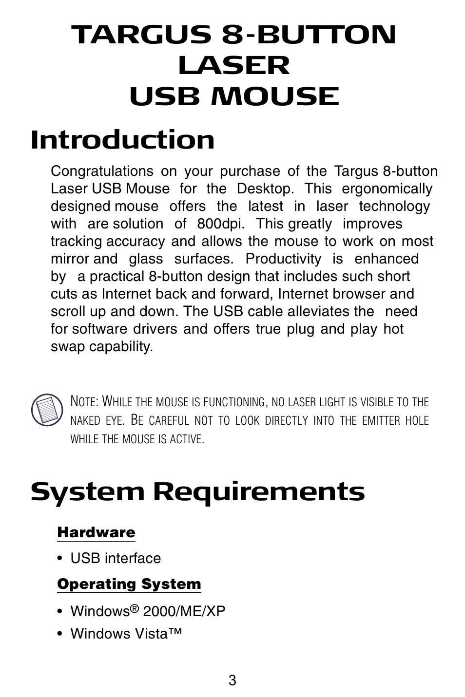 Targus 8-button laser usb mouse, Introduction, System requirements | Targus USB mouse User Manual | Page 3 / 8