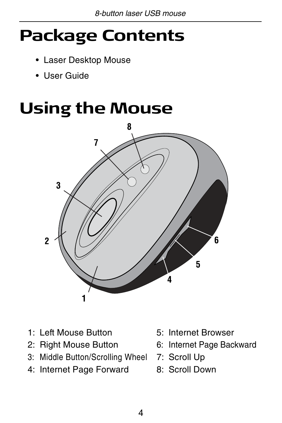 Package contents, Using the mouse | Targus USB mouse User Manual | Page 4 / 8