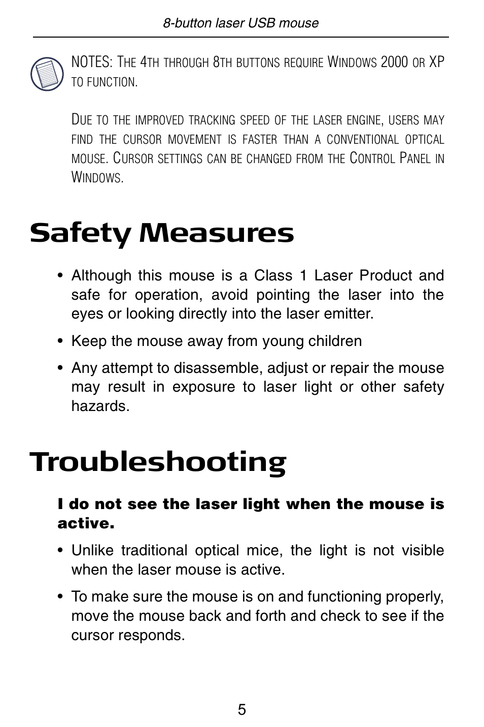 Safety measures, Troubleshooting | Targus USB mouse User Manual | Page 5 / 8