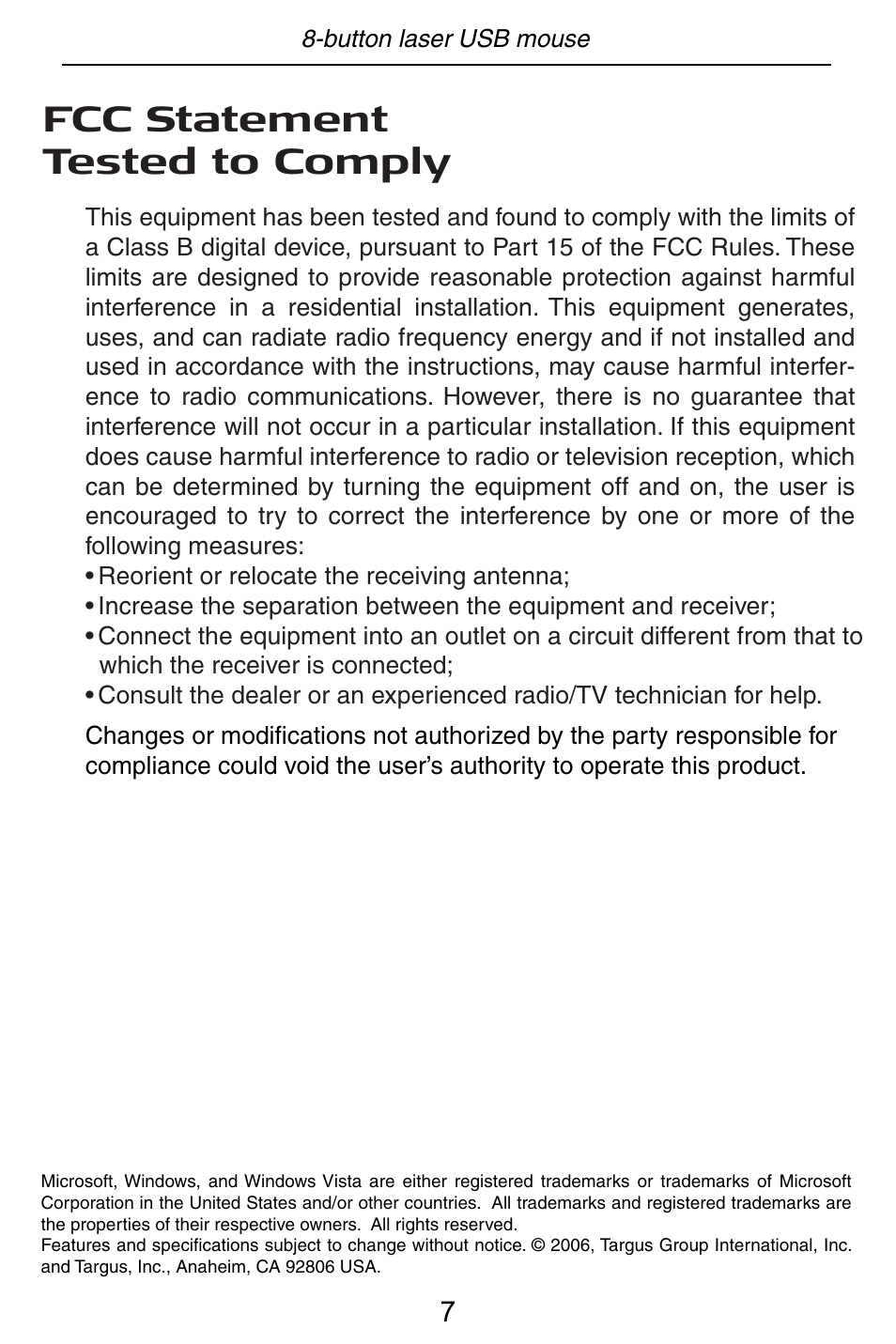 Fcc statement tested to comply, Declaration of conformity | Targus USB mouse User Manual | Page 7 / 8
