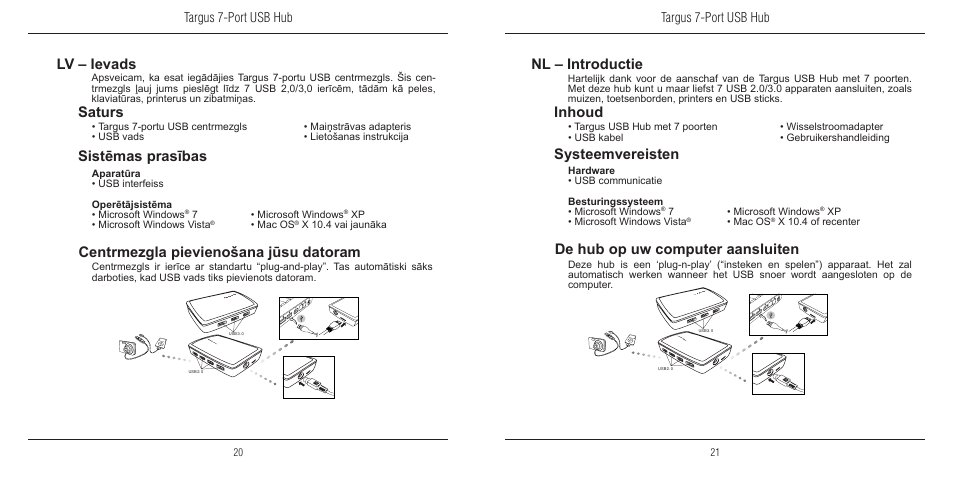 Lv – ievads nl – introductie, Sistēmas prasības systeemvereisten, Saturs inhoud | Targus 7-port usb hub | Targus 410-2366-203A/ACH120EU User Manual | Page 11 / 16