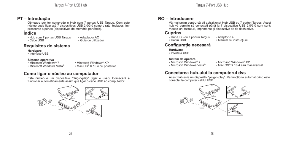 Pt – introdução ro – introducere, Requisitos do sistema configuraţie necesară, Índice cuprins | Targus 7-port usb hub | Targus 410-2366-203A/ACH120EU User Manual | Page 13 / 16