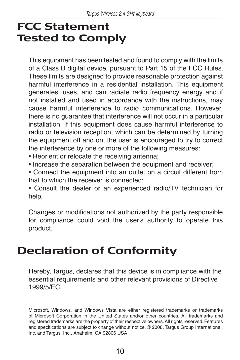 Fcc statement tested to comply, Declaration of conformity | Targus AKB24US User Manual | Page 11 / 11