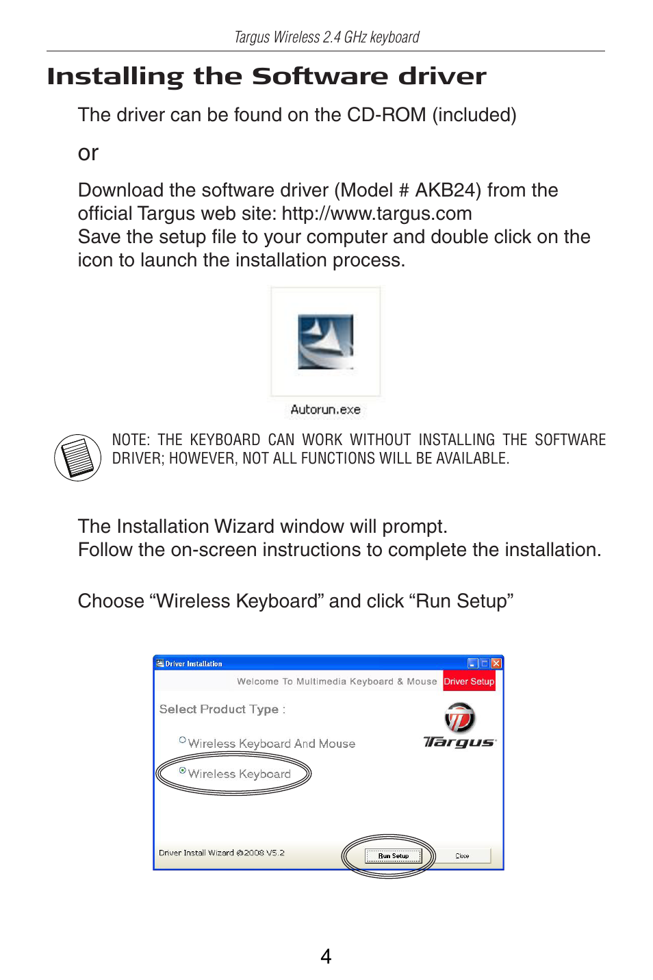 Installing the software driver | Targus AKB24US User Manual | Page 5 / 11