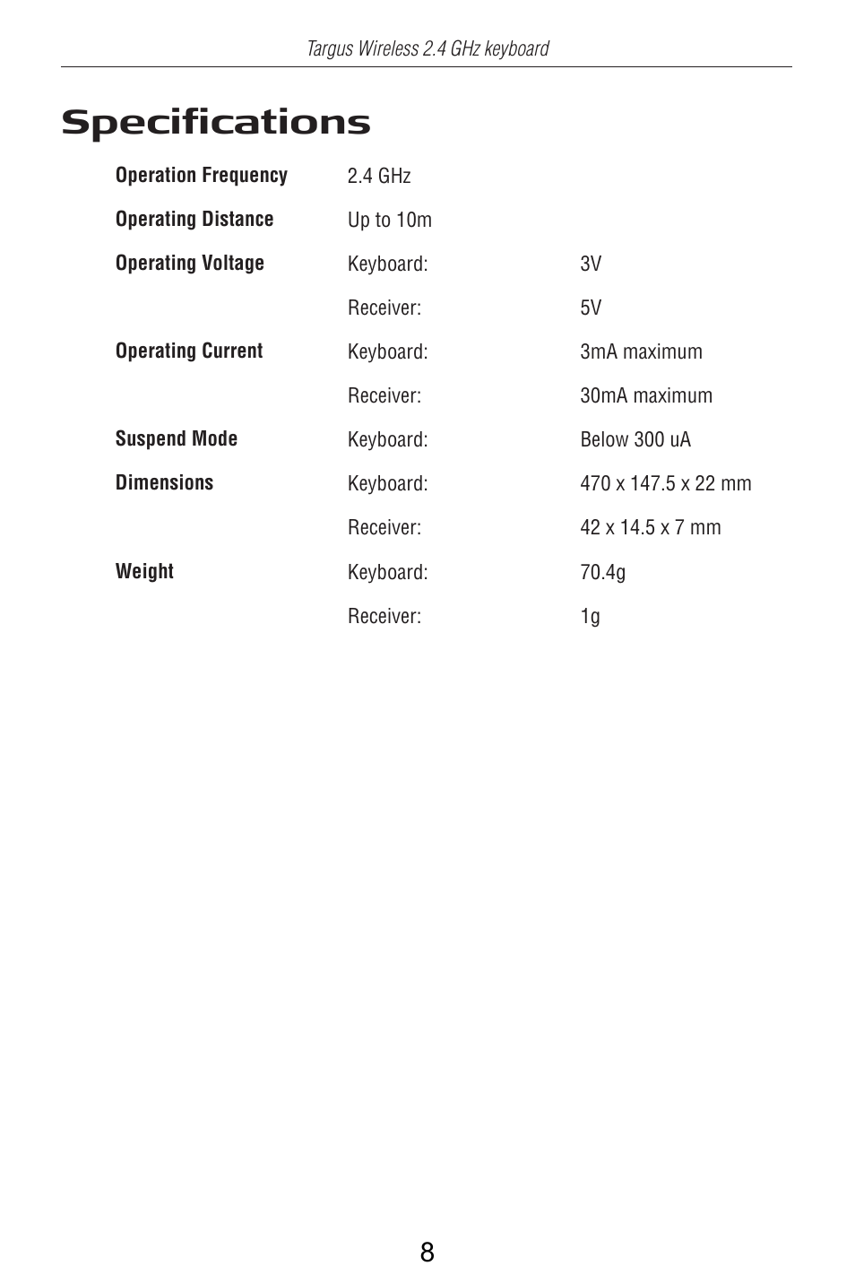 Specifications | Targus AKB24US User Manual | Page 9 / 11