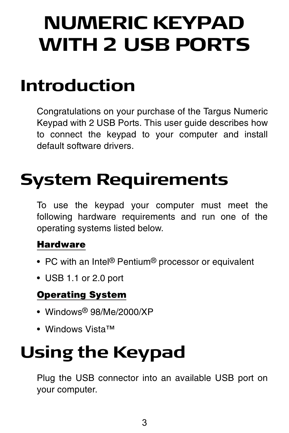 Numeric keypad with 2 usb ports, Introduction, System requirements | Using the keypad | Targus Numeric Keypad with 2 USB ports User Manual | Page 3 / 7