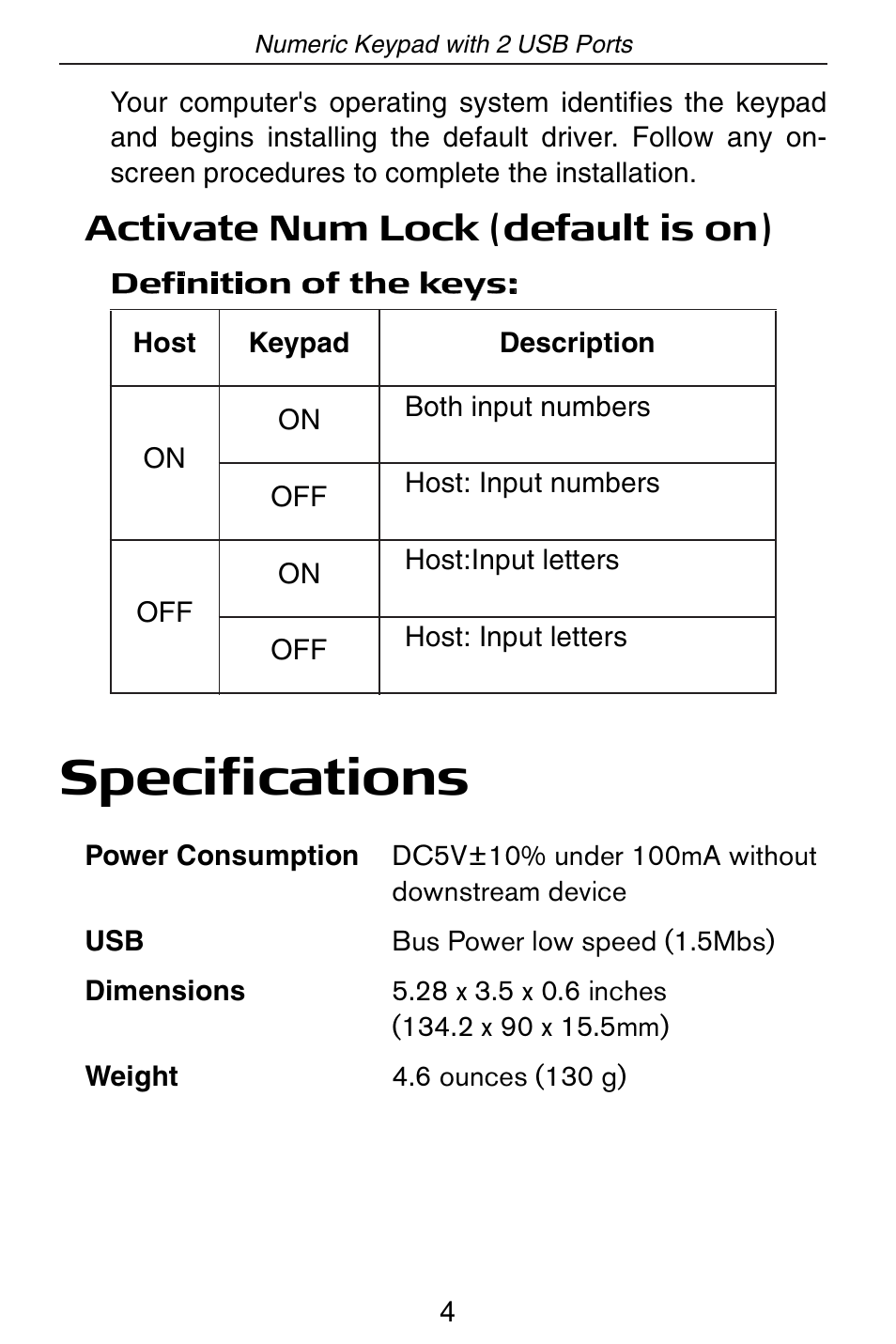 Specifications, Activate num lock (default is on) | Targus Numeric Keypad with 2 USB ports User Manual | Page 4 / 7