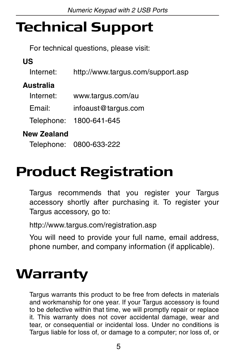 Technical support, Product registration, Warranty | Targus Numeric Keypad with 2 USB ports User Manual | Page 5 / 7