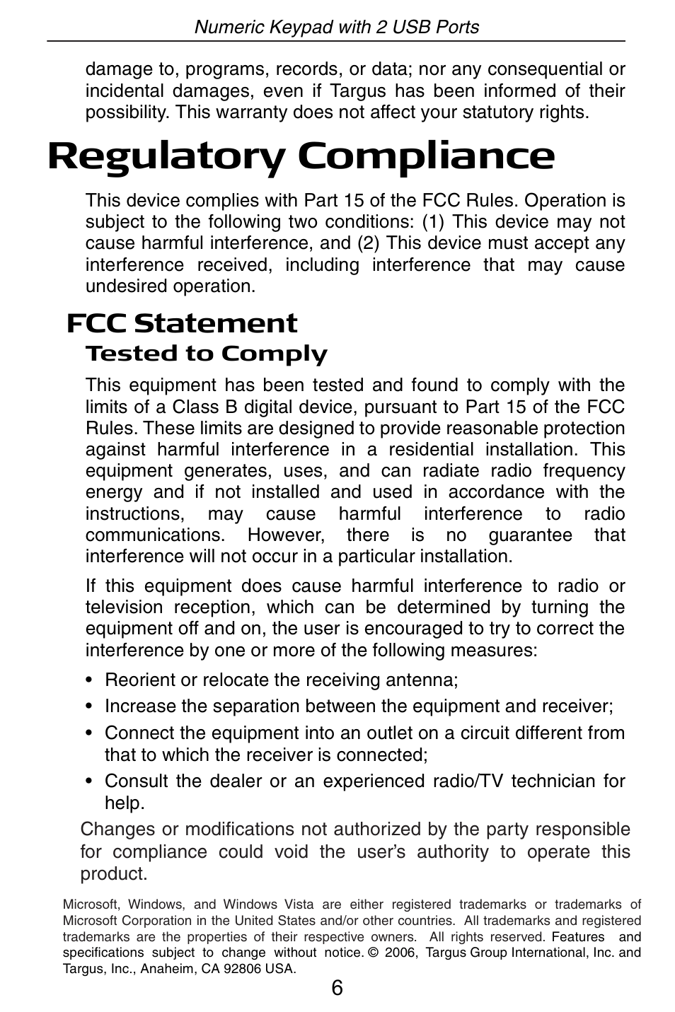 Regulatory compliance, Fcc statement | Targus Numeric Keypad with 2 USB ports User Manual | Page 6 / 7