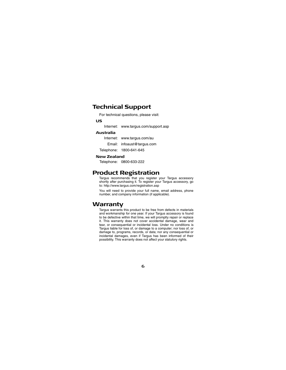 Technical support, Product registration, Warranty | Targus AMU18US-10 User Manual | Page 6 / 7