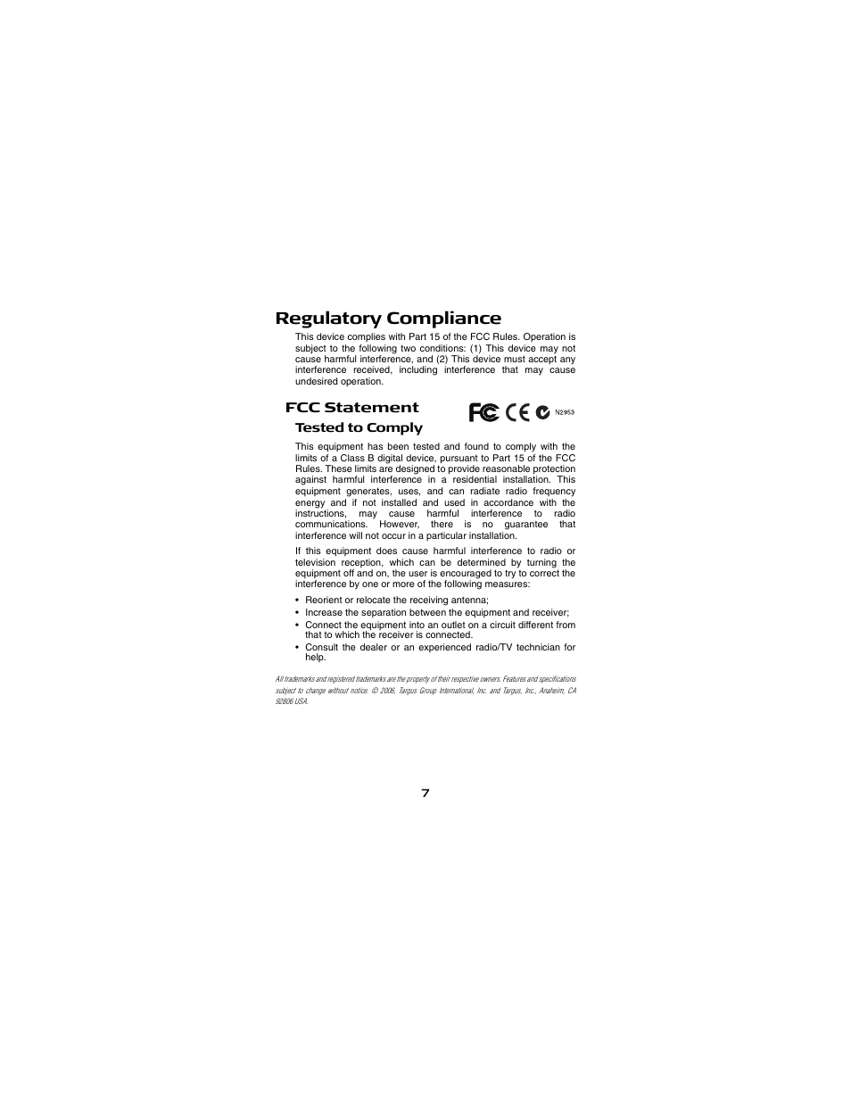 Regulatory compliance, Fcc statement | Targus AMU18US-10 User Manual | Page 7 / 7