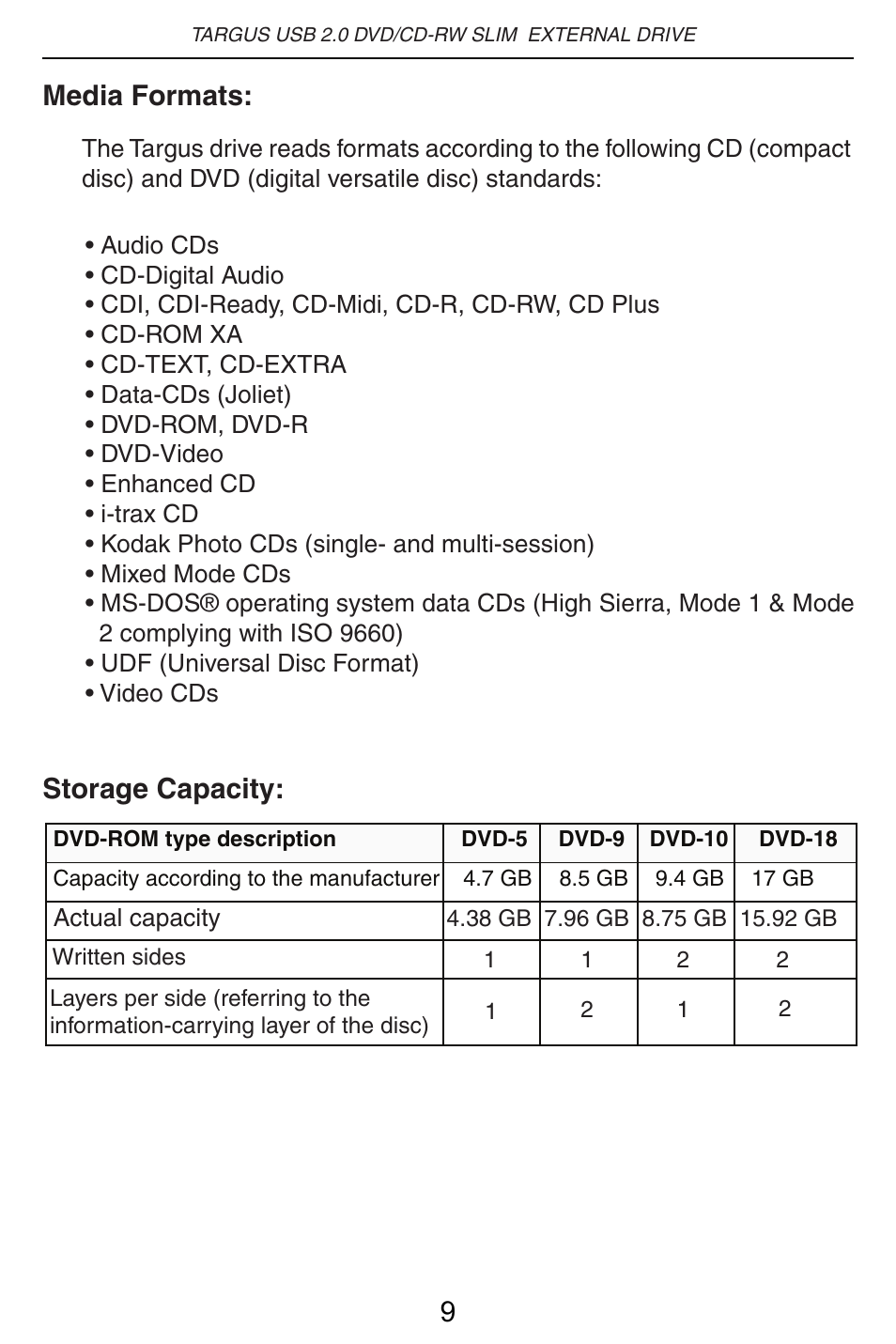 Media formats, Storage capacity: 9 | Targus PACMB010U User Manual | Page 10 / 14