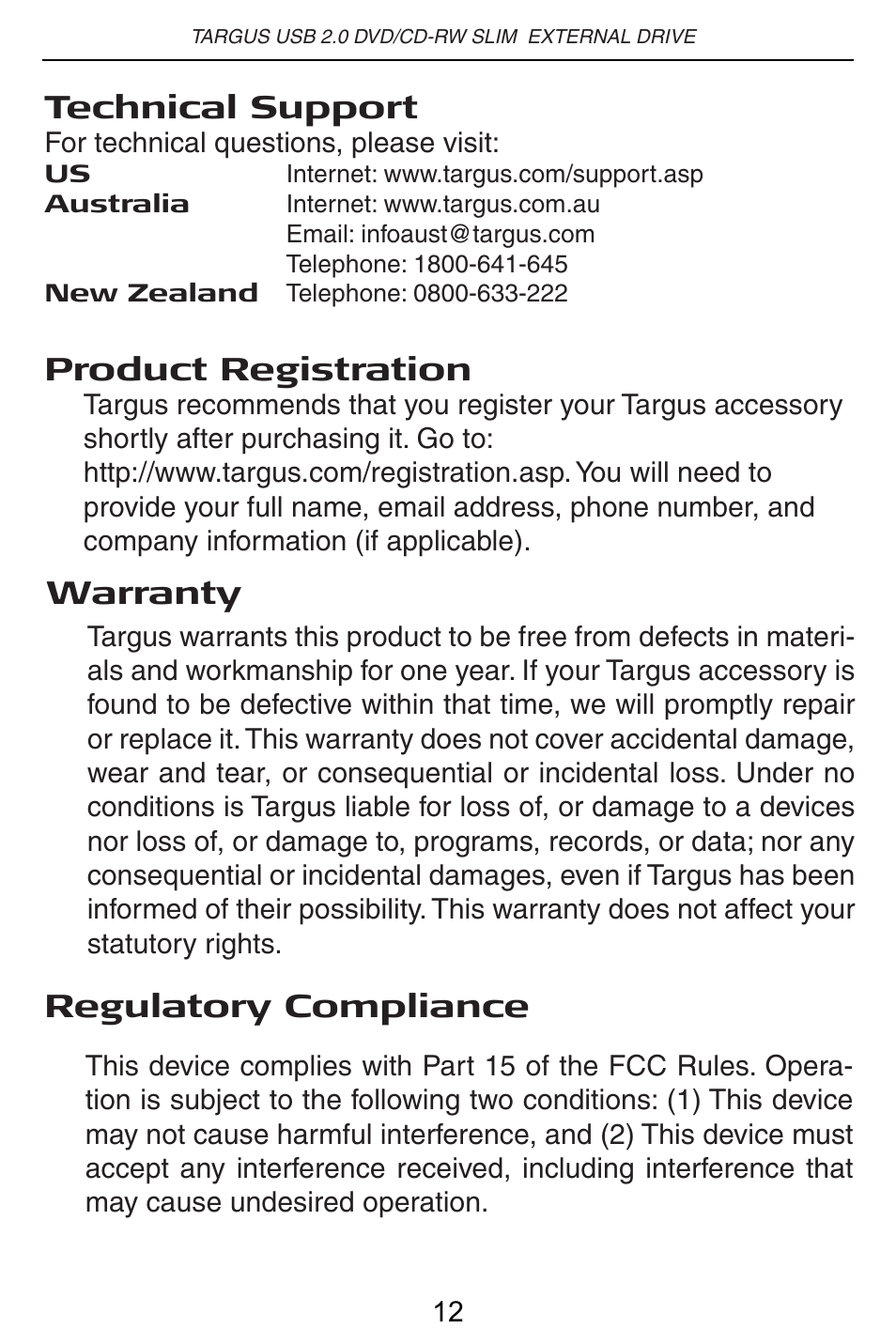 Technical support, Product registration, Regulatory compliance | Warranty | Targus PACMB010U User Manual | Page 13 / 14